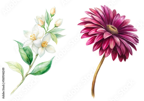 Beautiful watercolor flowers, vibrant floral illustration, delicate white blossoms, rich purple petals, artistic botanical design.