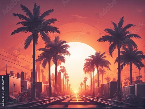 Dramatic sunset illuminating palm trees along busy street, warm tones reflecting on vehicles, ideal for capturing urban lifestyle, travel, and adventure, inspiring wanderlust and exploration.