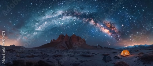 A group of friends camping under a starry sky in a remote wilderness area, enjoying the solitude and beauty of nature.