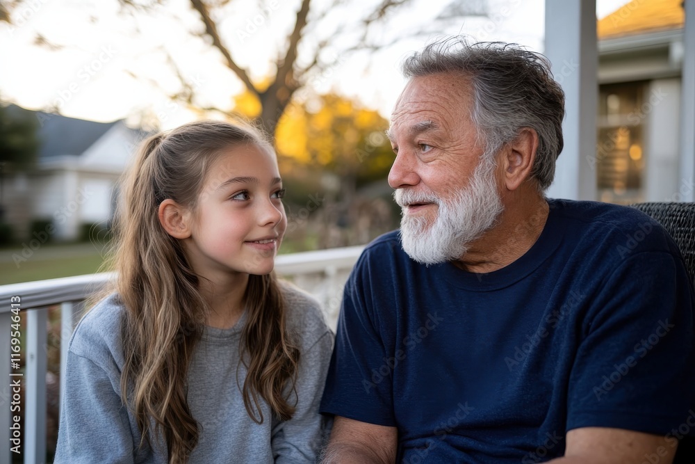 A touching moment between a grandfather and granddaughter as they share smiles and laughter on a porch, capturing the essence of family bonds and lasting connections. A touching moment between a grandfather and granddaughter as they share smiles and laughter on a porch, capturing the essence of family bonds and lasting connections.