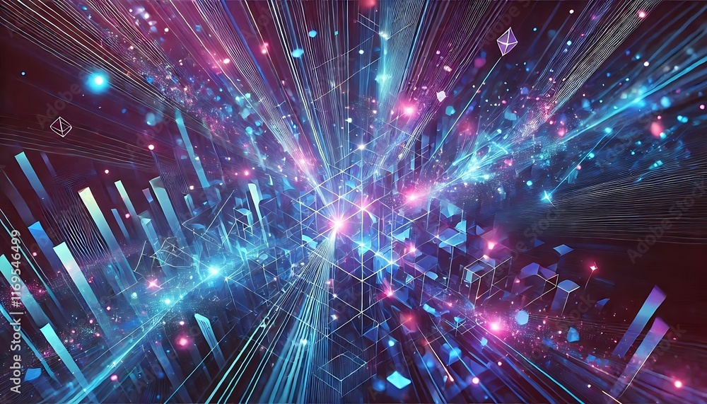 Fototapeta premium Abstract shattered neon light rays forming radiant geometric patterns in vibrant blues and purples created using generative AI for banners.