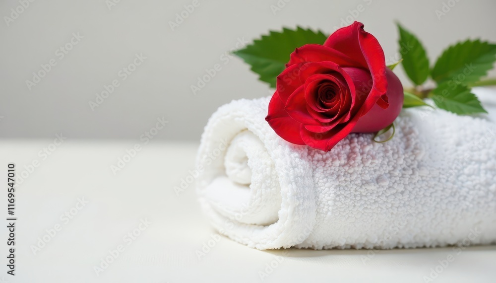 Fresh white rolled towel, single red rose atop, serenity, detail, luxury Fresh white rolled towel, single red rose atop, serenity, detail, luxury