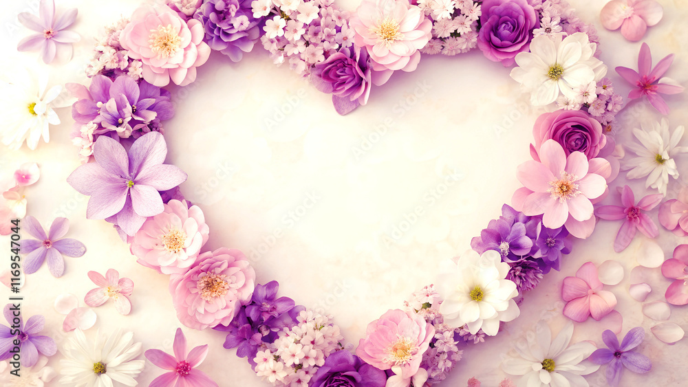 frame of flowers. A vibrant heart-shaped floral arrangement made of pink and purple flowers on a soft white background, perfect for romantic or wedding themes. frame of flowers. A vibrant heart-shaped floral arrangement made of pink and purple flowers on a soft white background, perfect for romantic or wedding themes.