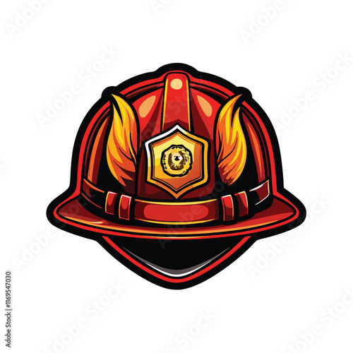 An illustration of a classic firefighter helmet, with a golden badge and flames.