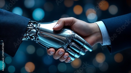 Human and Robot Shaking Hands, AI Collaboration and Future of Work Concepts