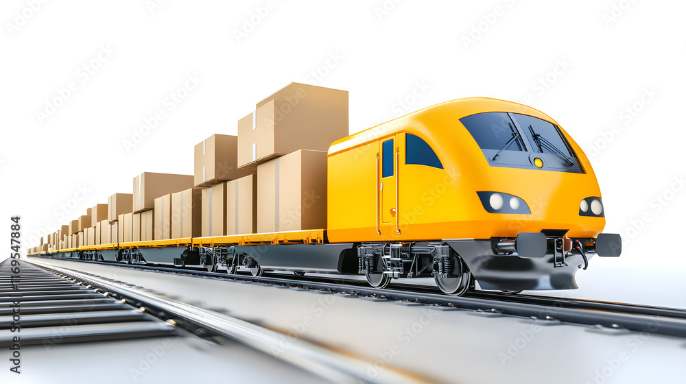 Naklejka premium logistics online trading automation concept. A yellow freight train carrying boxes on tracks in a bright setting.