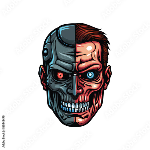 A detailed illustration of a cybernetic human face, split in half. One side is flesh, the other is metal with glowing blue lights.