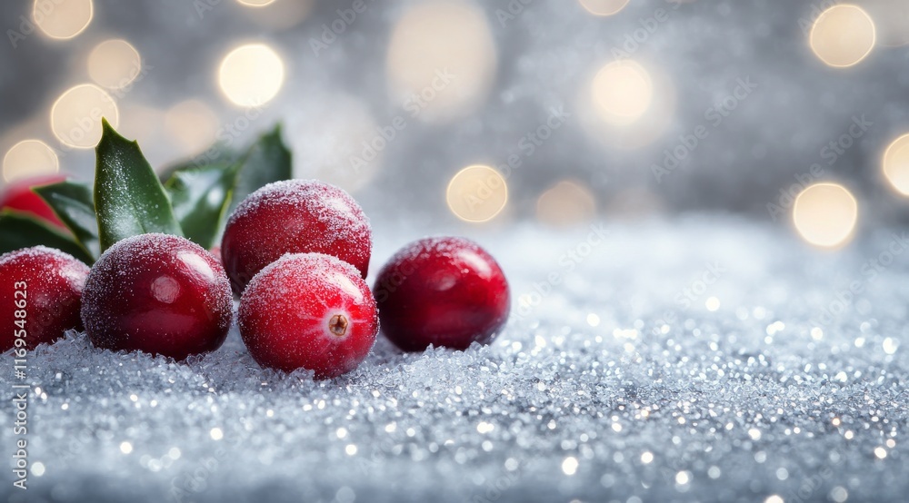 Fresh cranberries arranged on a sparkly surface with soft bokeh background for seasonal decor Fresh cranberries arranged on a sparkly surface with soft bokeh background for seasonal decor