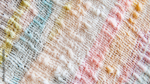 A close view of woven fabric with a coarse texture and soft pastel colors. photo