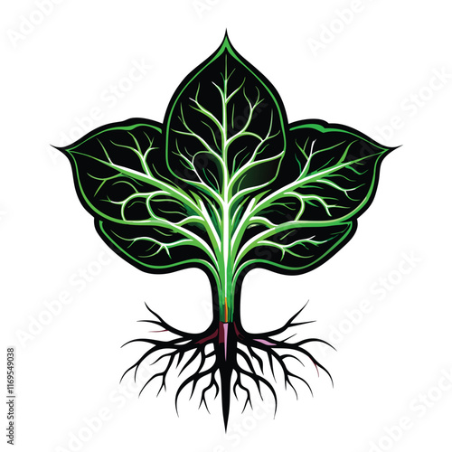 A detailed close up of a bioengineered plant with veins and roots visible.