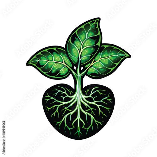 A detailed close-up of a bioengineered plant with vibrant green leaves and intricate root system in a heart shape.