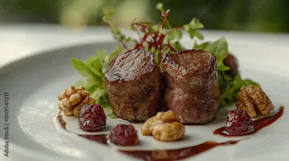 Seared meat dish with garnish, outdoor restaurant setting, blurred greenery. Seared meat dish with garnish, outdoor restaurant setting, blurred greenery.