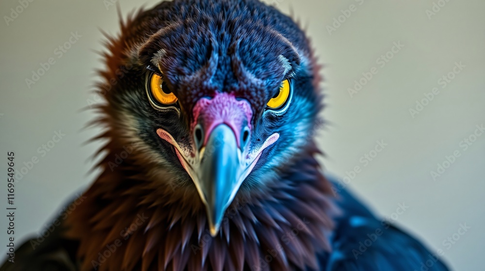 Fototapeta premium Cool colored Ethiopian vulture, commercial professional quality, blues greens purples, dark brown plumage, sharp yellow eyes, intense gaze.
