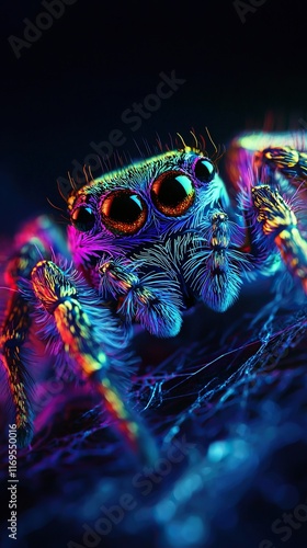 Colorful jumping spider in dynamic pose against a black background photo