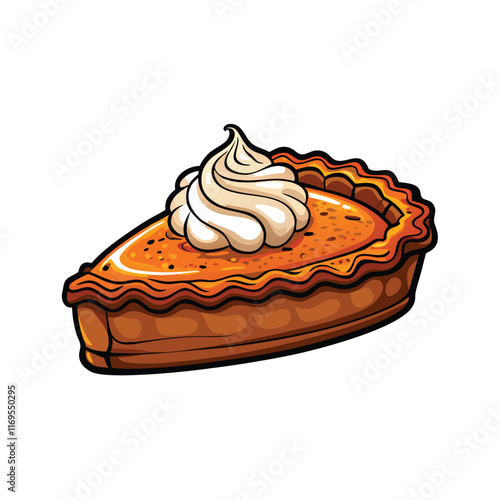 A slice of pumpkin pie with whipped cream on top, in a cartoon style.