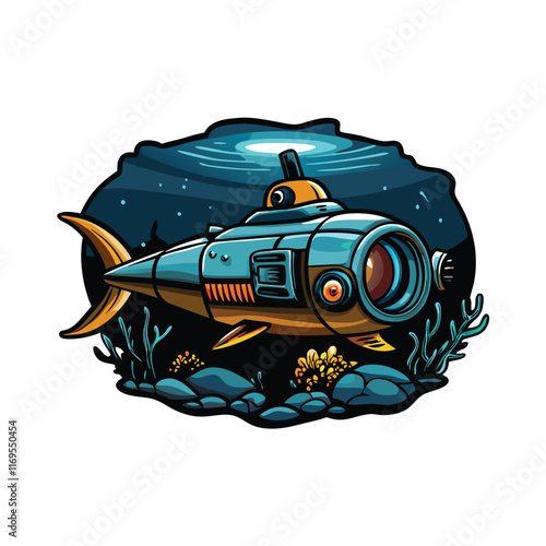 A detailed rendering of a futuristic underwater drone shaped like a fish, with large, glowing eyes and a sleek, metallic body.