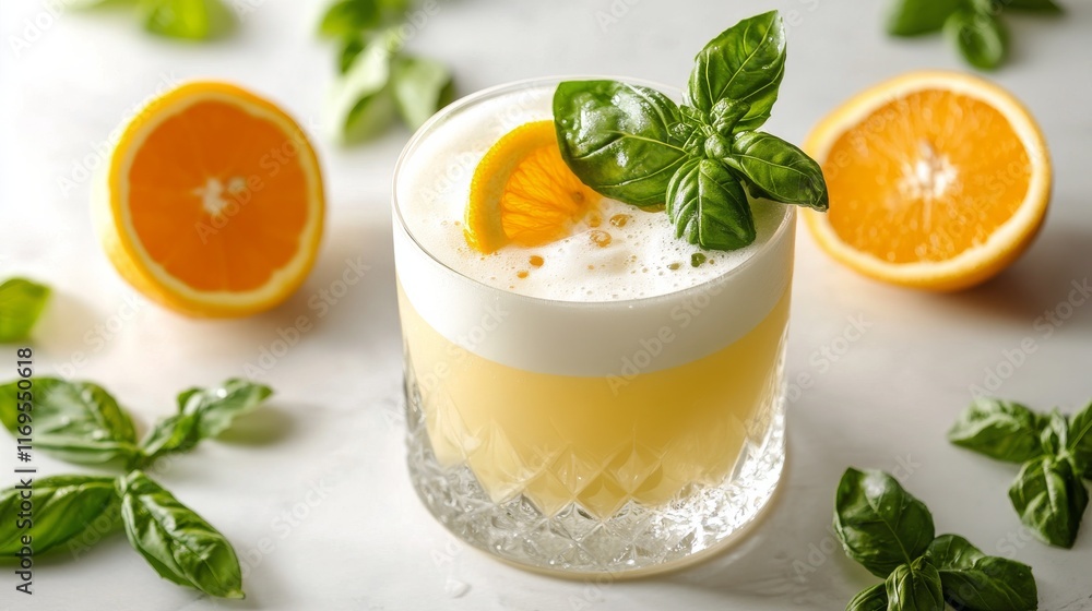 Refreshing citrus cocktail with orange and basil on a clean countertop Refreshing citrus cocktail with orange and basil on a clean countertop