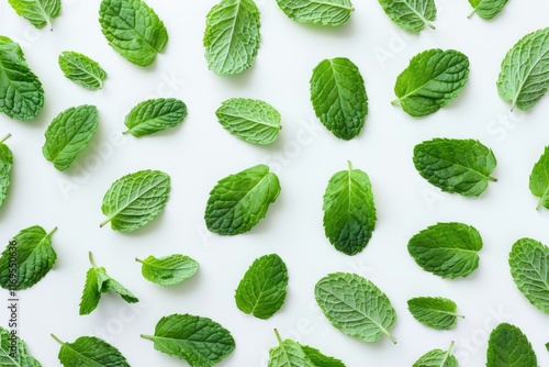 Fresh mint leaves pattern isolated on white background  top view. Close up of peppermint  peppermint
