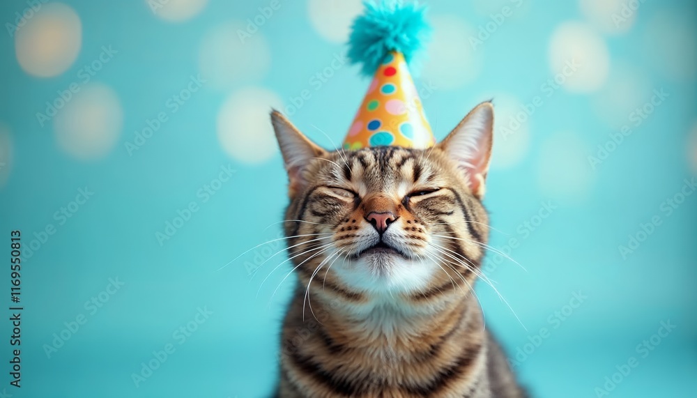Adorable Tabby Cat in a Festive Party Hat Celebrating a Birthday Adorable Tabby Cat in a Festive Party Hat Celebrating a Birthday