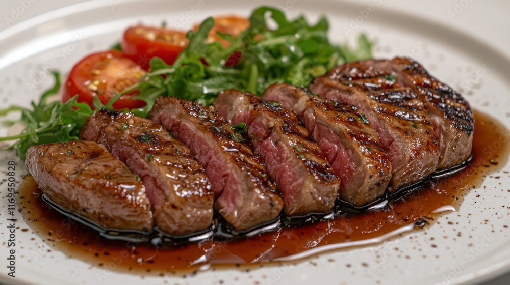 Sliced steak, salad, tomatoes on plate, restaurant setting. Sliced steak, salad, tomatoes on plate, restaurant setting.