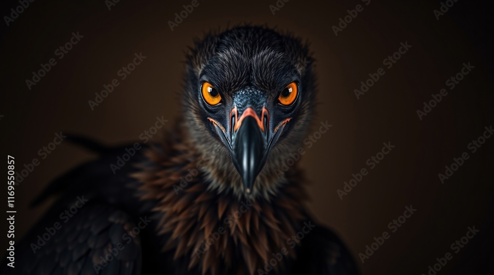 Fototapeta premium High-contrast artistic portrait photography of an Ethiopian vulture, dark brown plumage, keen yellow eyes, piercing stare, soft muted background, chiaroscuro lighting, deep shadows.