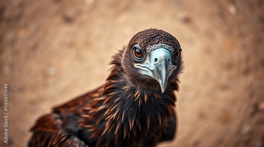 Fototapeta premium High-resolution stock photo, high angle perspective, Ethiopian vulture portrait, dark brown plumage, intense gaze, soft muted background.