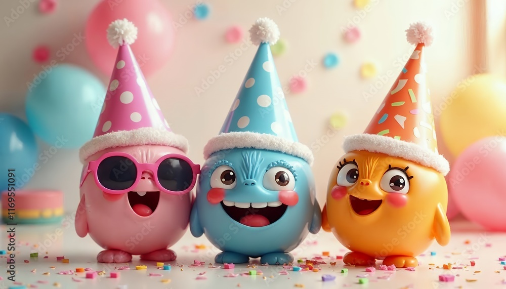 Obraz premium Three Cute Cartoon Characters Celebrating a Birthday Party with Balloons and Confetti