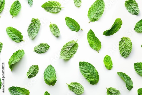 Fresh mint leaves pattern isolated on white background  top view. Close up of peppermint  peppermint