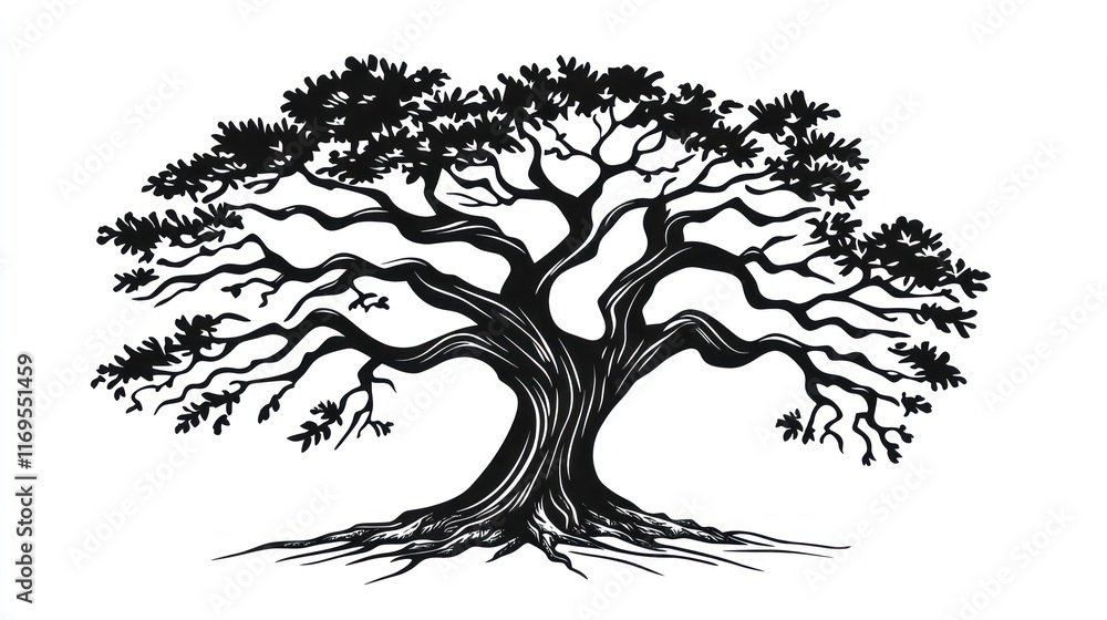 Fototapeta premium Majestic Oak Tree Silhouette Showing Roots and Branches