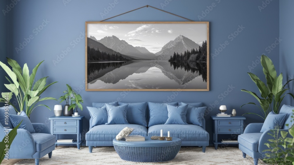 Fototapeta premium Interior design of a blue room with a nature-themed artwork on the wall