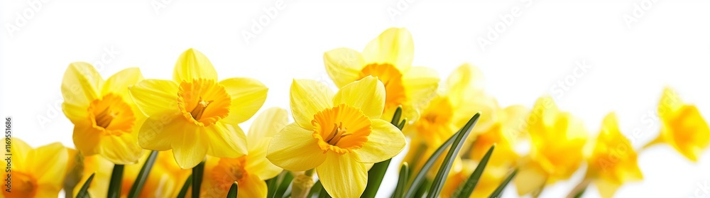 Yellow daffodil flowers bordered by a white background - the border of nature. Vibrant spring flowers along the bottom of a pure white background. Spring concept with space for text. Yellow daffodil flowers bordered by a white background - the border of nature. Vibrant spring flowers along the bottom of a pure white background. Spring concept with space for text.