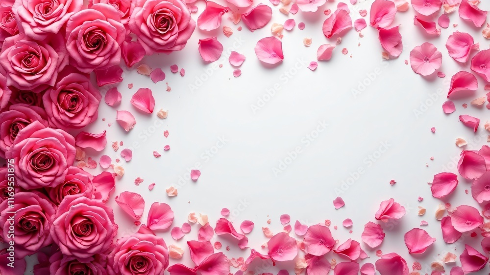 Beautiful Pink Roses and Petals Frame on White Background Beautiful Pink Roses and Petals Frame on White Background