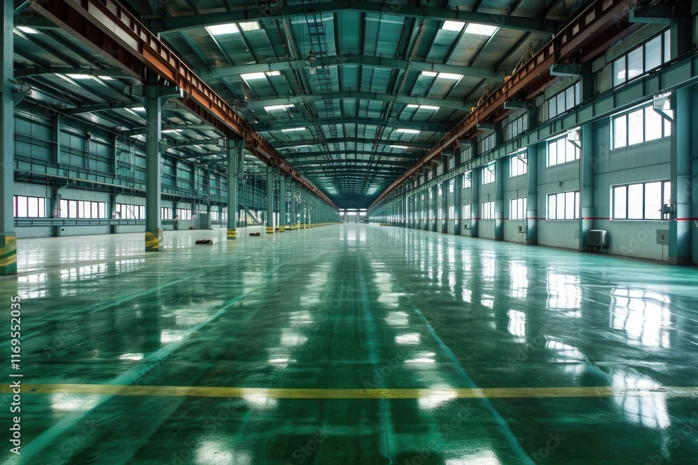 Fototapeta premium Industrial-Style Green Epoxy Flooring in a Spacious Company Hall
