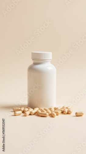 Magnesium Glycinate capsules with white bottle on top of them photo