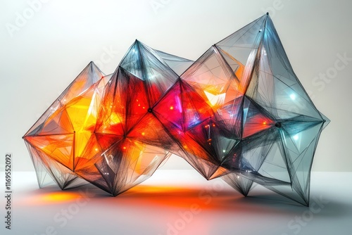 A luminous, multifaceted sculpture composed of interconnected geometric forms, emitting warm and cool light. photo