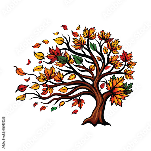A colorful autumn tree with leaves blowing in the wind.