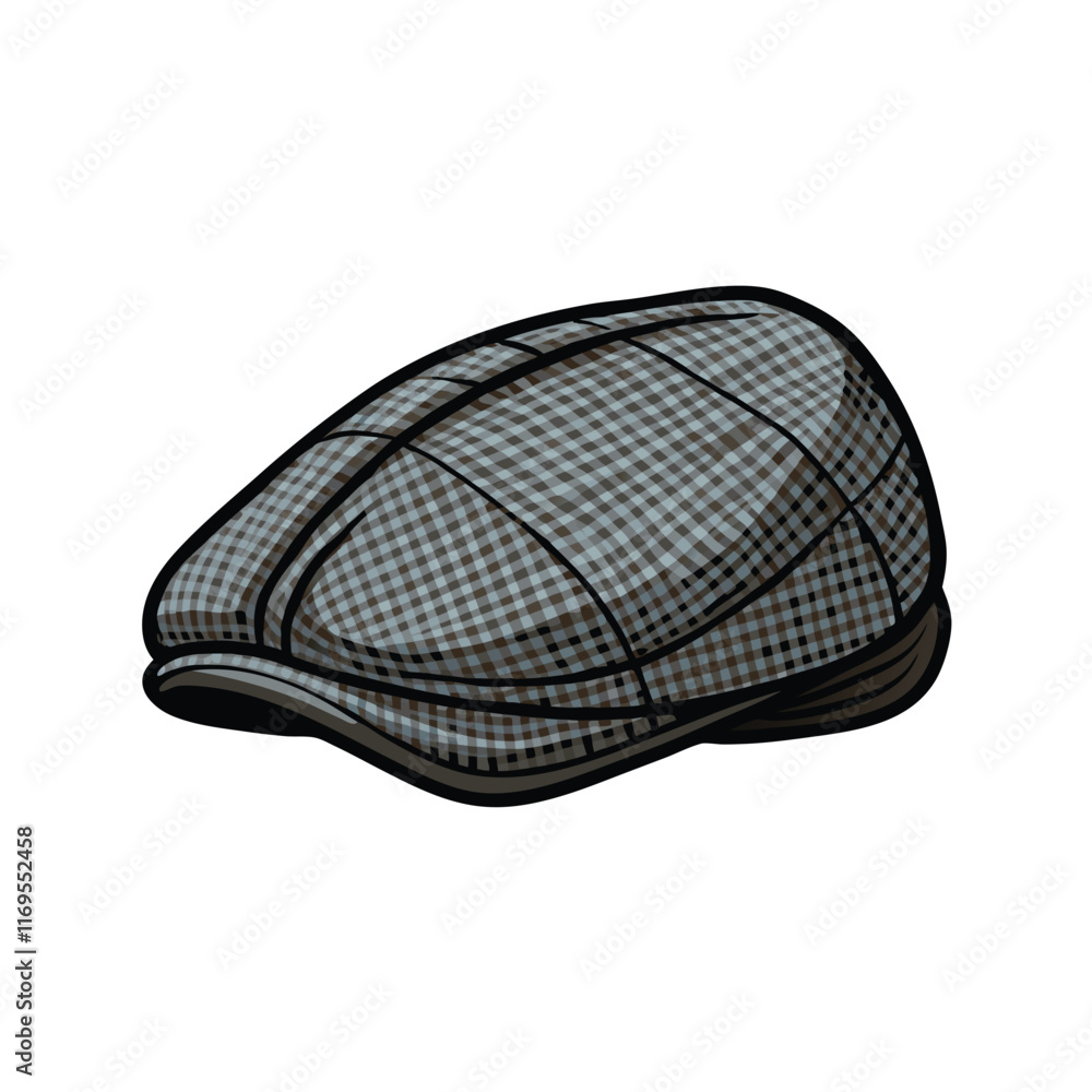 Illustration of a grey tweed flat cap with a visor. Illustration of a grey tweed flat cap with a visor.