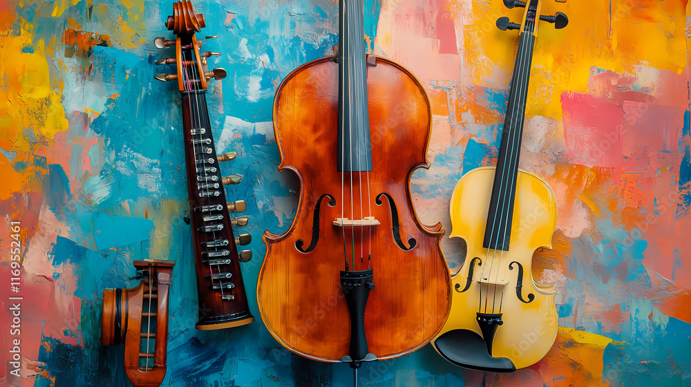 Naklejka premium Vibrant music instruments still life art gallery colorful painting creative environment artistic perspective. Crescendo. Illustration