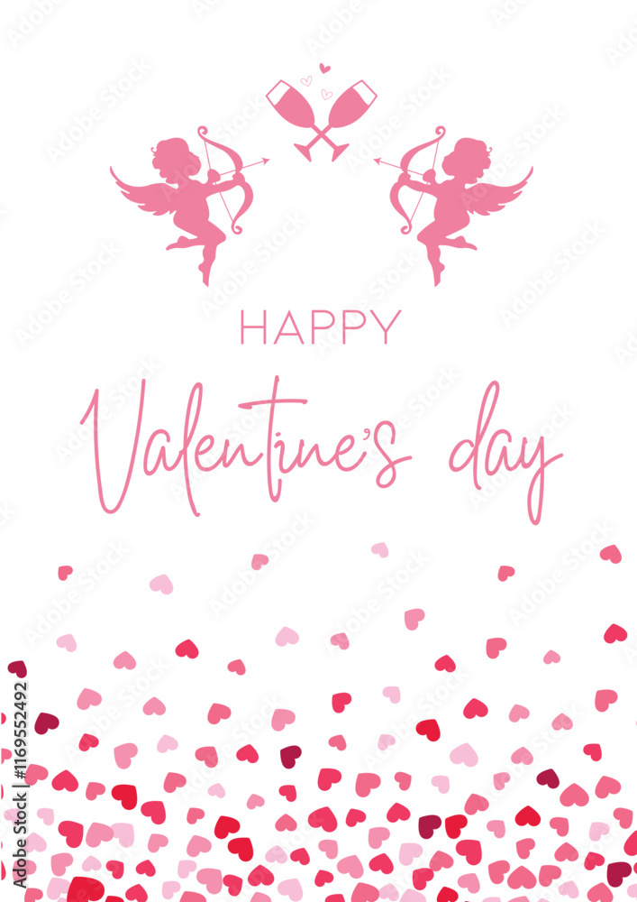 Happy valentines day Card or logo with 2 pink cupid, hearts and wine glass Happy valentines day Card or logo with 2 pink cupid, hearts and wine glass