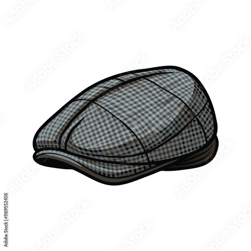 Illustration of a grey tweed flat cap with a visor.