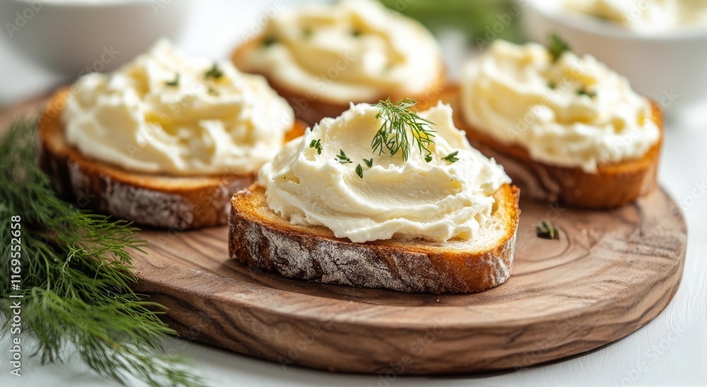 Delicious creamy spread on toasted bread topped with fresh herbs for a delightful appetizer Delicious creamy spread on toasted bread topped with fresh herbs for a delightful appetizer