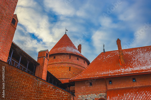 Ancient castle of Trakai in the middle of the lake. Trakai Island Castle historical landmark, Lithuania. photo