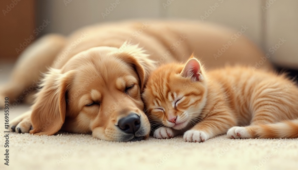 Golden Retriever and Ginger Kitten Napping Together Peaceful Resting Animals Adorable Companionship Golden Retriever and Ginger Kitten Napping Together Peaceful Resting Animals Adorable Companionship