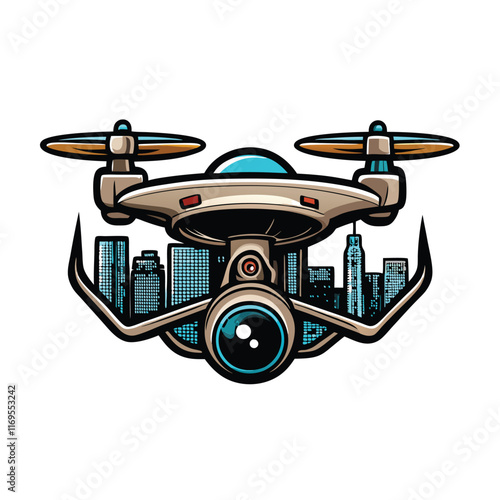 A futuristic drone with a camera lens hovering over a cityscape, stylized for a logo.