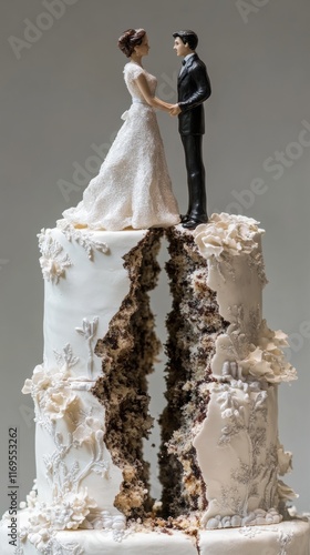 A beautifully designed wedding cake split in half, featuring a couple figurine atop. An artistic representation of love and separation, perfect for wedding themes.
