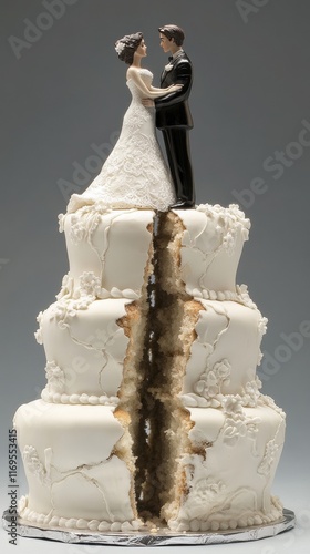 A unique wedding cake featuring a couple atop, showcasing a dramatic split. Ideal for themes of love, divorce, or unexpected twists in relationships.