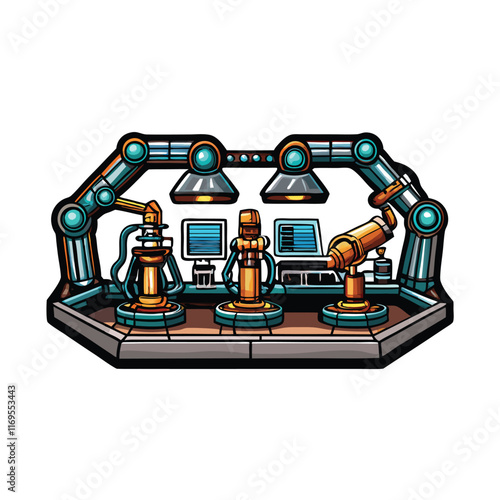 A futuristic research lab with robotic arms conducting experiments.