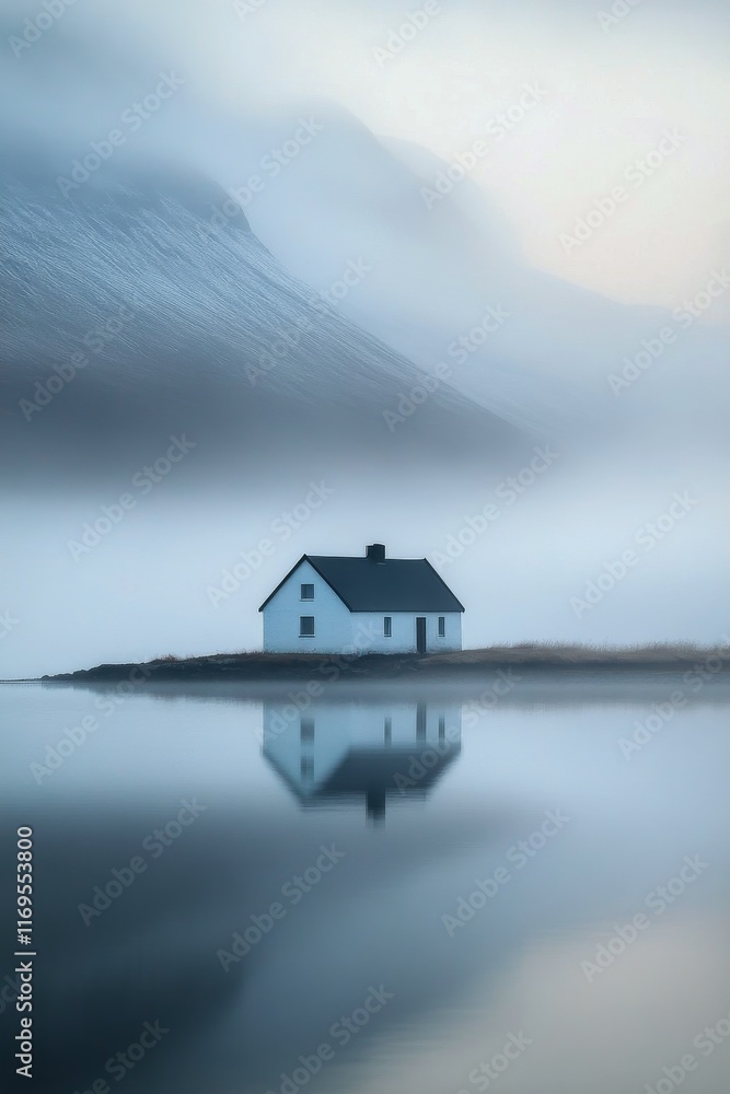 Fototapeta premium Lonely white house beside a calm lake in a misty mountainous landscape at dawn