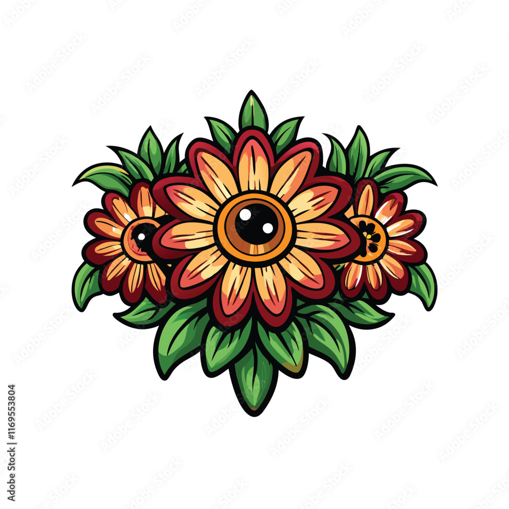 Fototapeta premium Generate an illustration of a garden where the flowers have eyes at the center, with vibrant colors and a whimsical style.