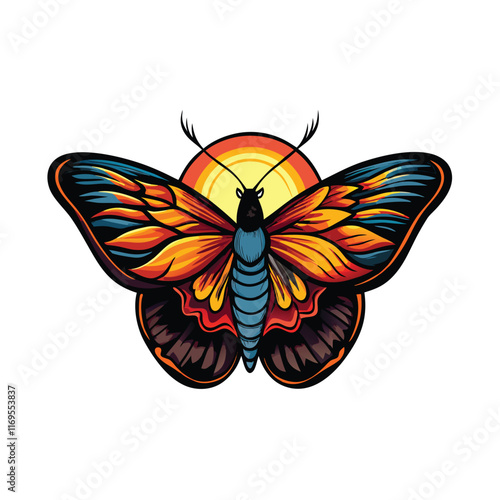 A large butterfly with wings that reflect a sunrise.
